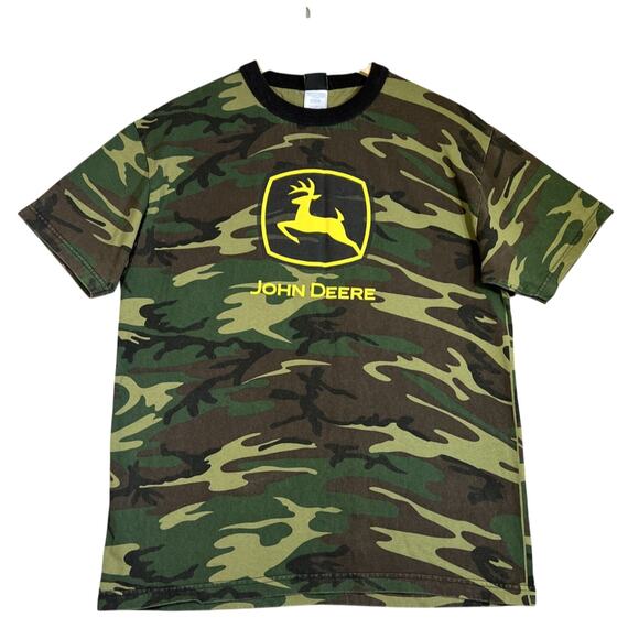 JOHN DEERE T Shirt Mens Large Cotton Ringer Camouflage Outdoor Logo Graphic - Picture 1 of 8